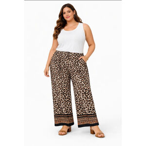 Boho Leopard Wide-Leg Pants – Size 2X – Stretchy, Soft & Flowy with Pockets!